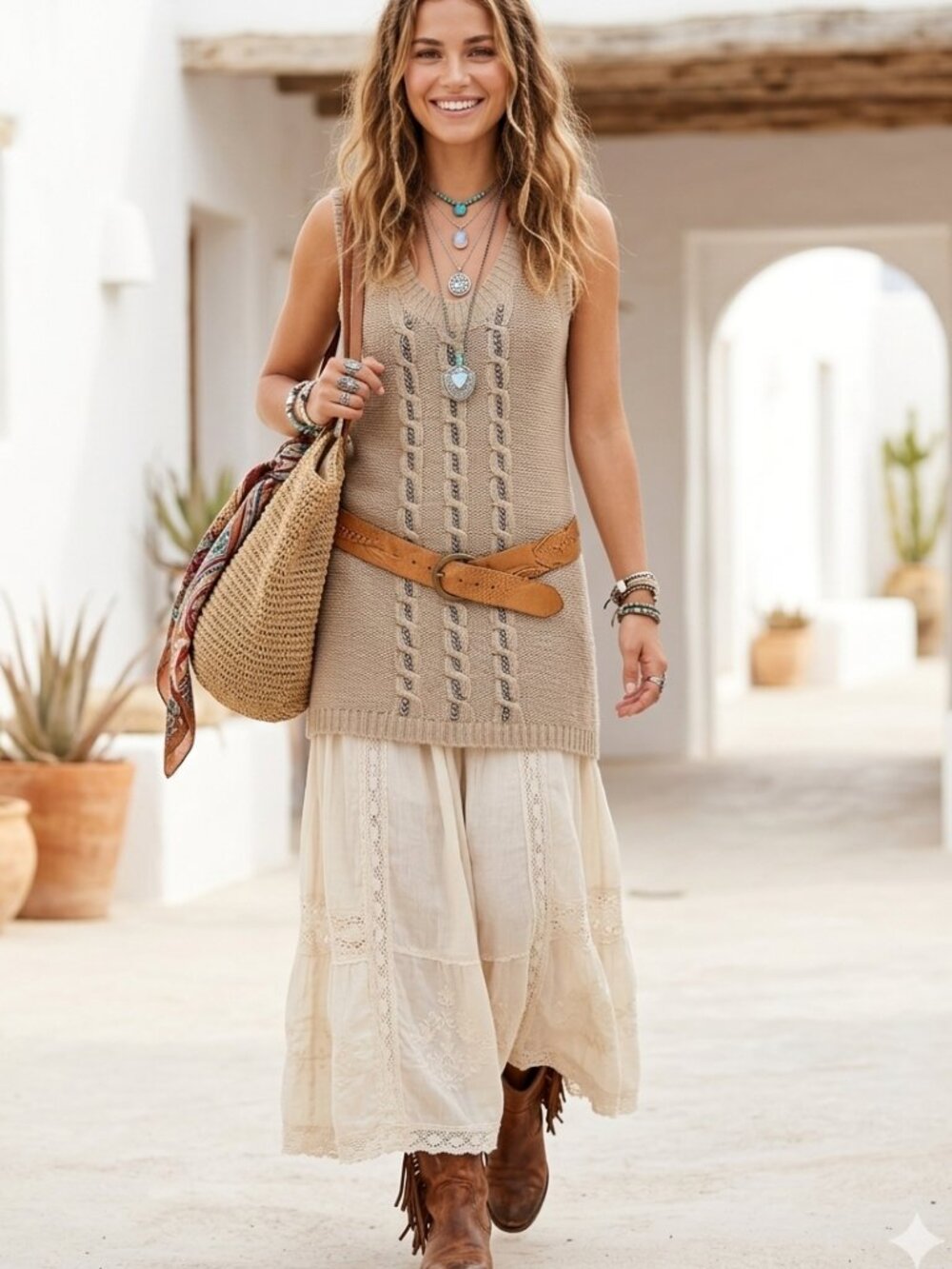 Alberto Makali Beige Wool blend Silver Chains Sleeveless Boho Tunic Sweater